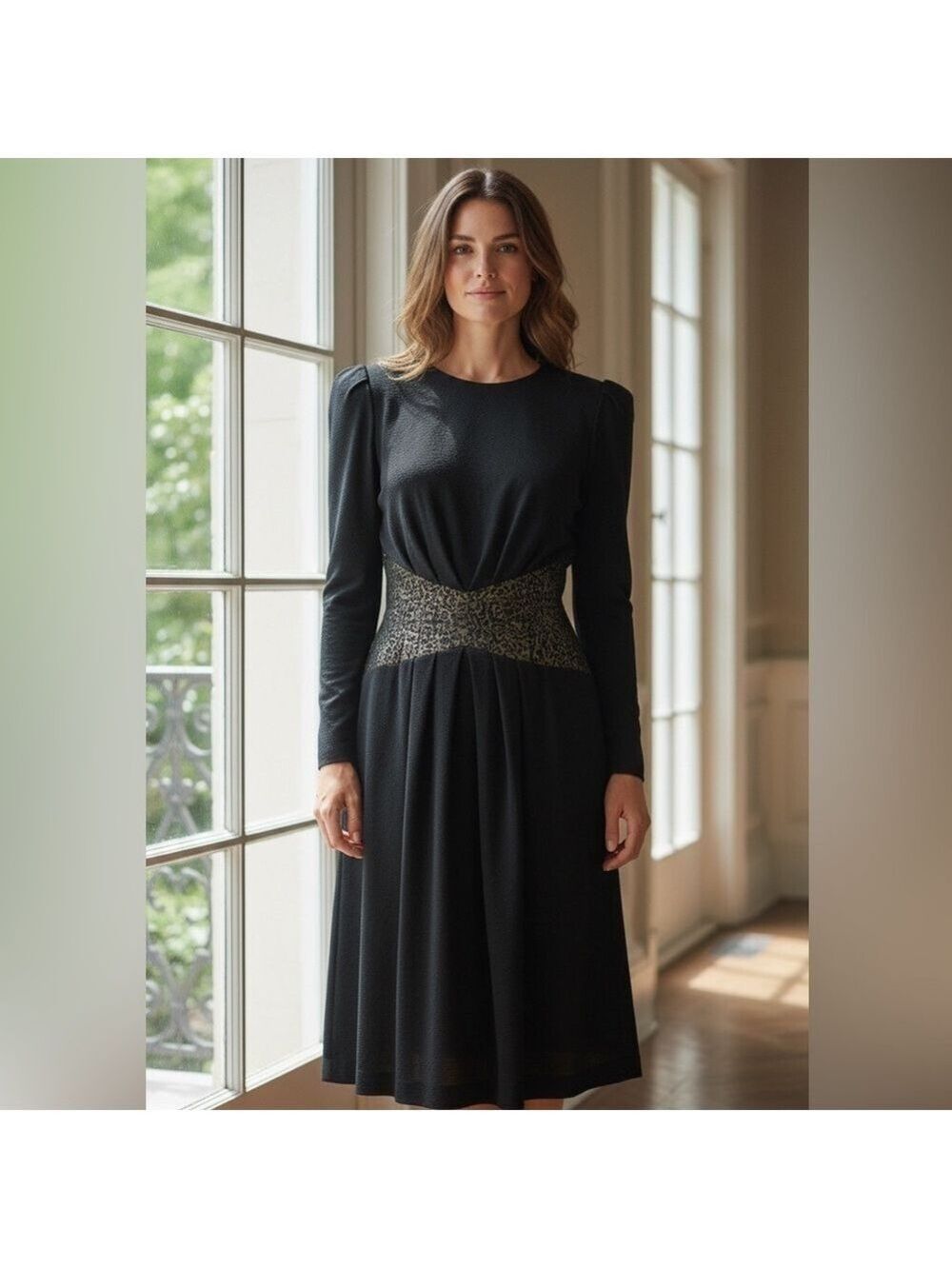 80s CHAR WOOL BLACK KNIT MIDI DRESS W BLACK & TAN FLORAL SUEDE WIDE WAIST INSERT